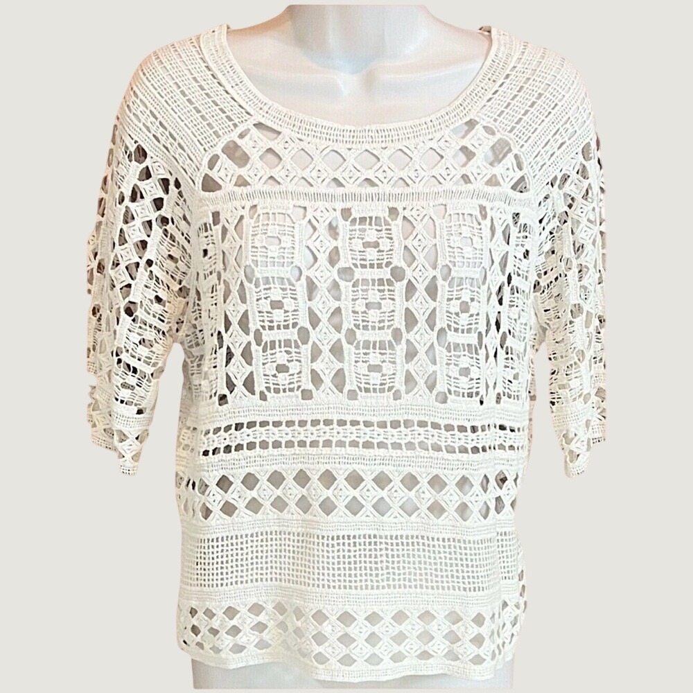 Holly Bracken Bohemian Crochet Three Quarter Sleeve Ivory Pullover Top Small